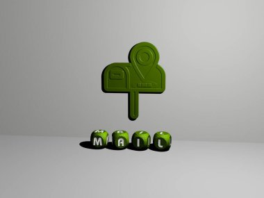 MAIL 'in dikey olarak 3B grafiksel görüntüsü, üst perspektiften metalik kübik harflerle oluşturulan metinlerle birlikte, konsept sunumu ve slayt gösterileri için mükemmel. Resim ve simge