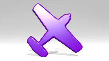 Gölgeli uçak durağı. Metalik heykelin beyaz arka planda, yumuşak desenli üç boyutlu çizimi. mavi ve hava