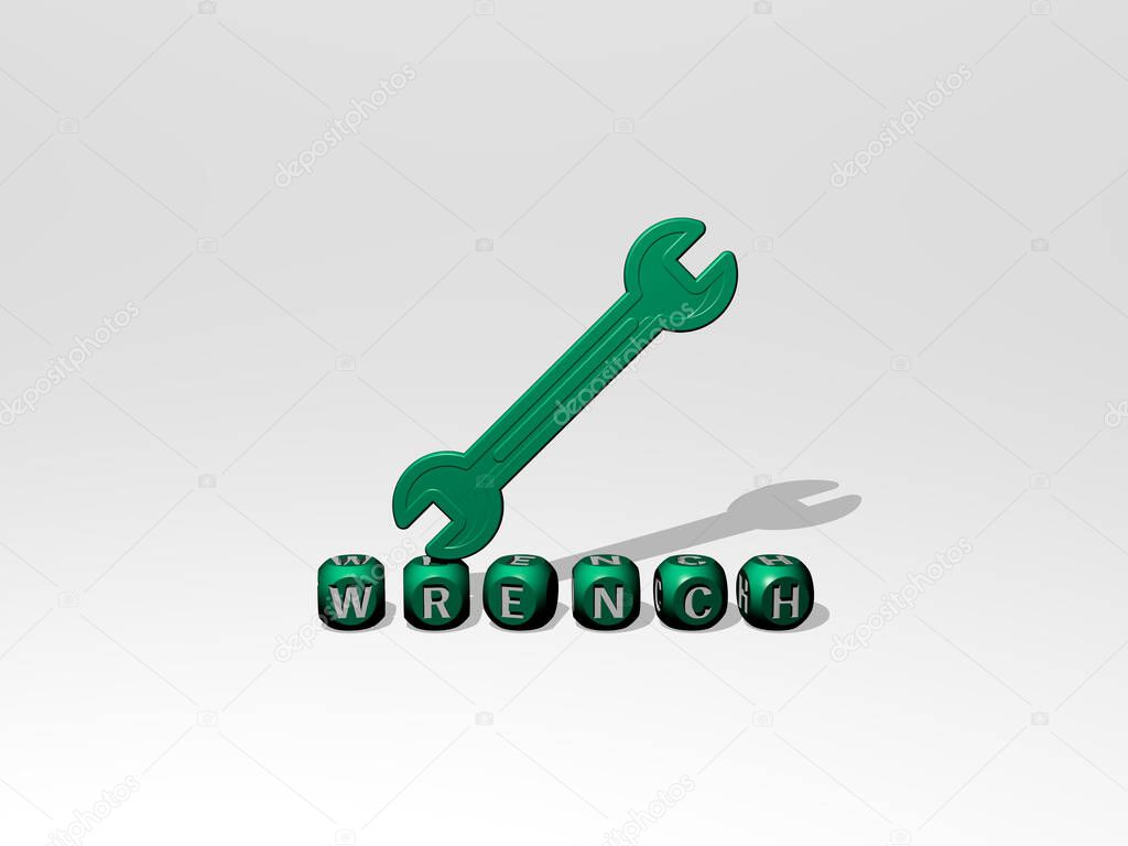 3D graphical image of wrench vertically along with text built by metallic cubic letters from the top perspective, excellent for the concept presentation and slideshows. illustration and icon