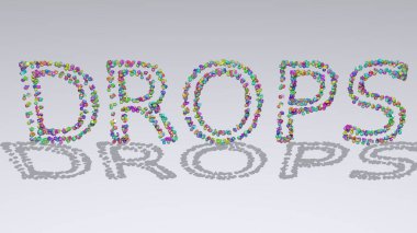 Beyaz arkaplan üzerinde küçük nesneler bulunan üç boyutlu damlaların renkli yazılışı ve eşleşen gölge. Su ve soyut