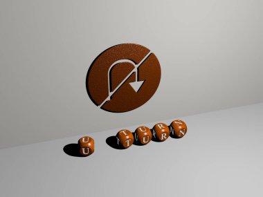 3 boyutlu u dönüşü simgesi, duvarda simge ve ayna zemininde metalik kübik harflerle konsept ve slayt gösterisi sunumu için düzenlenmiş metin. Resim ve arkaplan