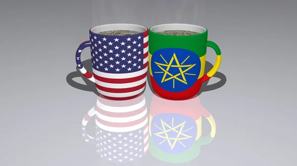 アメリカ合衆国 アメリカエチオピア現実的な視点と影が床に反映された3Dイラストで熱いコーヒーのカップに配置されます — ストック写真