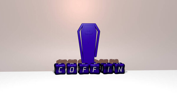 3D representation of COFFIN with icon on the wall and text arranged by metallic cubic letters on a mirror floor for concept meaning and slideshow presentation. illustration and background