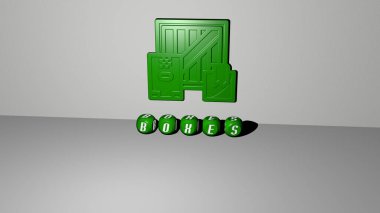 Duvarında simge olan kutuların 3 boyutlu temsili ve kavram ve slayt gösterisi sunumu için ayna zemininde metalik kübik harflerle düzenlenmiş metin. arkaplan ve resimleme