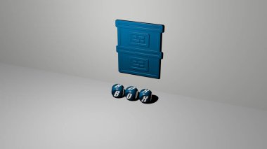 Duvarında simge olan kutunun 3 boyutlu temsili ve kavram ve slayt gösterisi sunumu için ayna zemininde metalik kübik harflerle düzenlenmiş metin. arkaplan ve resimleme