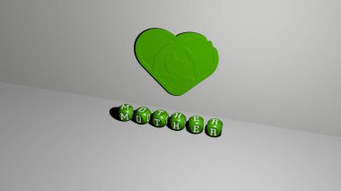 Duvarında bir simge ve ayna zemininde metalik kübik harflerle konsept ve slayt gösterisi sunumu için düzenlenmiş üç boyutlu anne tasviri. çocuk ve aile