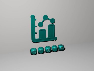 Konsept ve sunumların ilgili anlamları için metalik zar harflerinin oluşturduğu istatistiklerin 3 boyutlu çizimi. iş ve simge