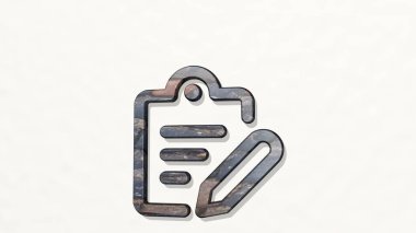 Liste EDIT 'yi duvardaki bir perspektiften al. Üç boyutlu metalik malzemelerden yapılmış kalın bir heykel. resimleme ve iş