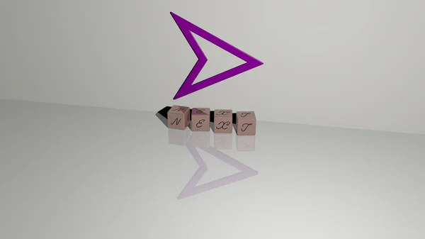 鏡床に金属三角形の文字で配置された壁とテキスト上のアイコンを持つNextの3D表現は 概念的な意味とスライドショーのプレゼンテーションのために 背景とイラスト — ストック写真