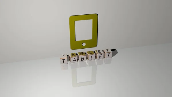 Γραφική Εικόνα Του Tablet Κάθετα Μαζί Κείμενο Χτισμένο Μεταλλικά Κυβικά — Φωτογραφία Αρχείου
