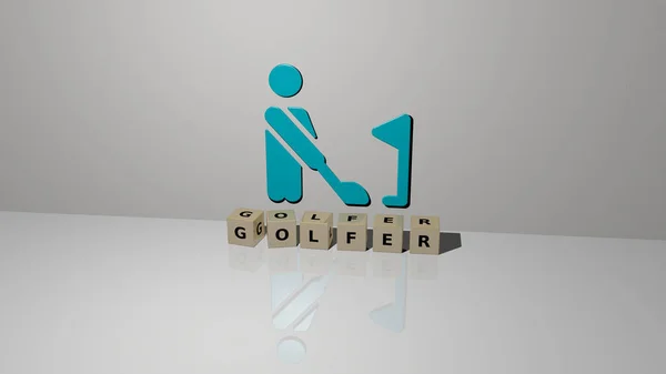 从顶部看 高尔夫球手的3D图形图像与金属立方体字母构成的文本垂直地结合在一起 非常适合概念演示和滑行 俱乐部和球 — 图库照片