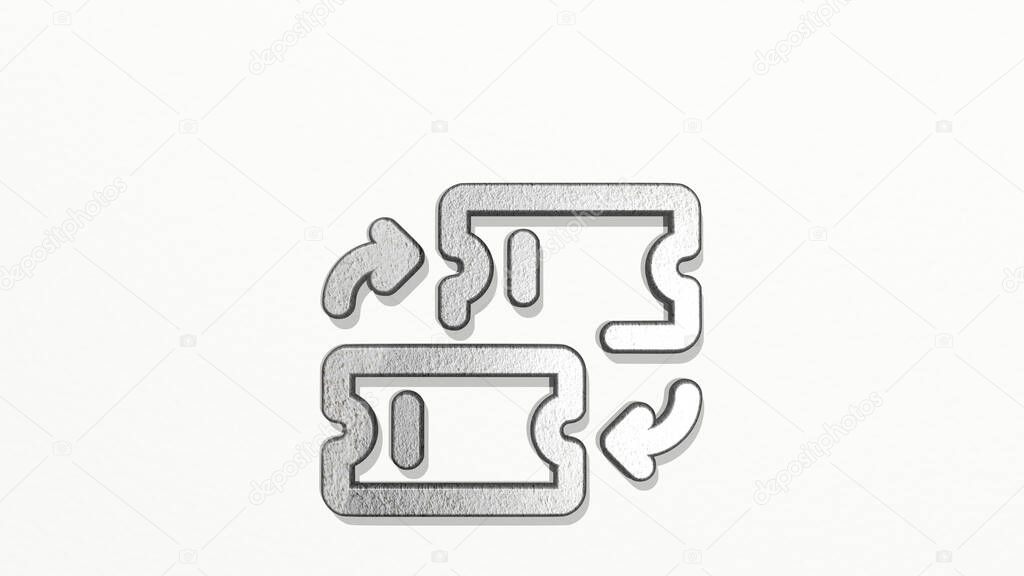 ticket exchange on the wall. 3D illustration of metallic sculpture over a white background with mild texture. icon and design
