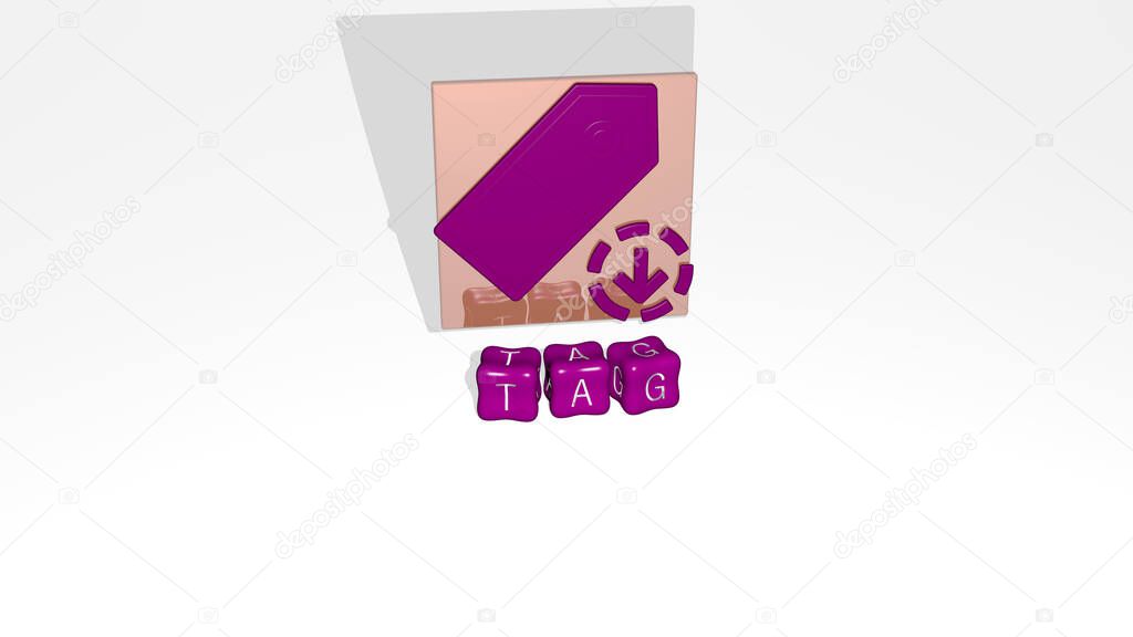 3D representation of tag with icon on the wall and text arranged by metallic cubic letters on a mirror floor for concept meaning and slideshow presentation. illustration and sign