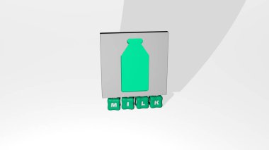 MILK 'in dikey olarak 3B grafiksel görüntüsü ve üst perspektiften metalik kübik harflerle oluşturulan metin, konsept sunumu ve slayt gösterileri için mükemmel. arkaplan ve resimleme