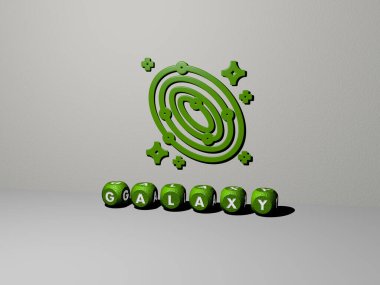 Duvarında ikon olan GALAXY 'nin 3 boyutlu temsili ve ayna zemininde konsept anlamı ve slayt gösterisi sunumu için metalik küp harflerle düzenlenmiş metin. Resim ve arkaplan