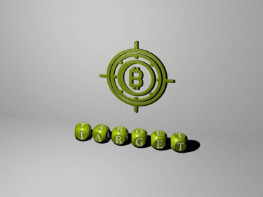 Duvarında ikon olan TARGet 'in 3 boyutlu temsili ve ayna zemininde konsept ve slayt gösterisi sunumu için metalik kübik harflerle düzenlenmiş metin. resimleme ve iş