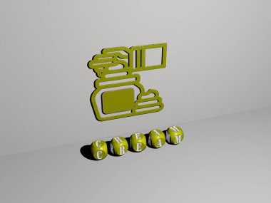 Konsept ve sunumların ilgili anlamları için metalik zar harflerinin oluşturduğu üç boyutlu grafikler ve metinler. arkaplan ve beyaz