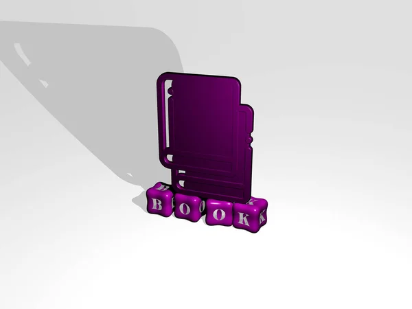 图书的三维表示 墙壁上有图标 文本用金属立方体字母排列在镜面 用于概念意义和幻灯片演示 图解和背景 — 图库照片