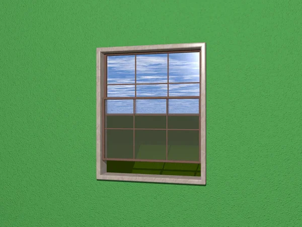 3D illustration of sash window opened to green lawn and cloudy blue sky from FOREST GREEN wall. stone and wood materials. background and beautiful