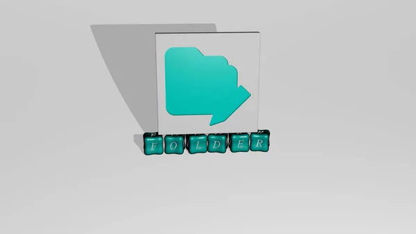 3D representation of folder with icon on the wall and text arranged by metallic cubic letters on a mirror floor for concept meaning and slideshow presentation. illustration and business