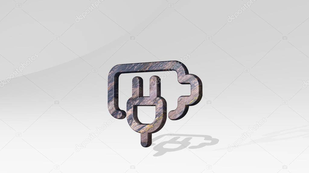 charging battery cable casting shadow with two lights. 3D illustration of metallic sculpture over a white background with mild texture. electric and car