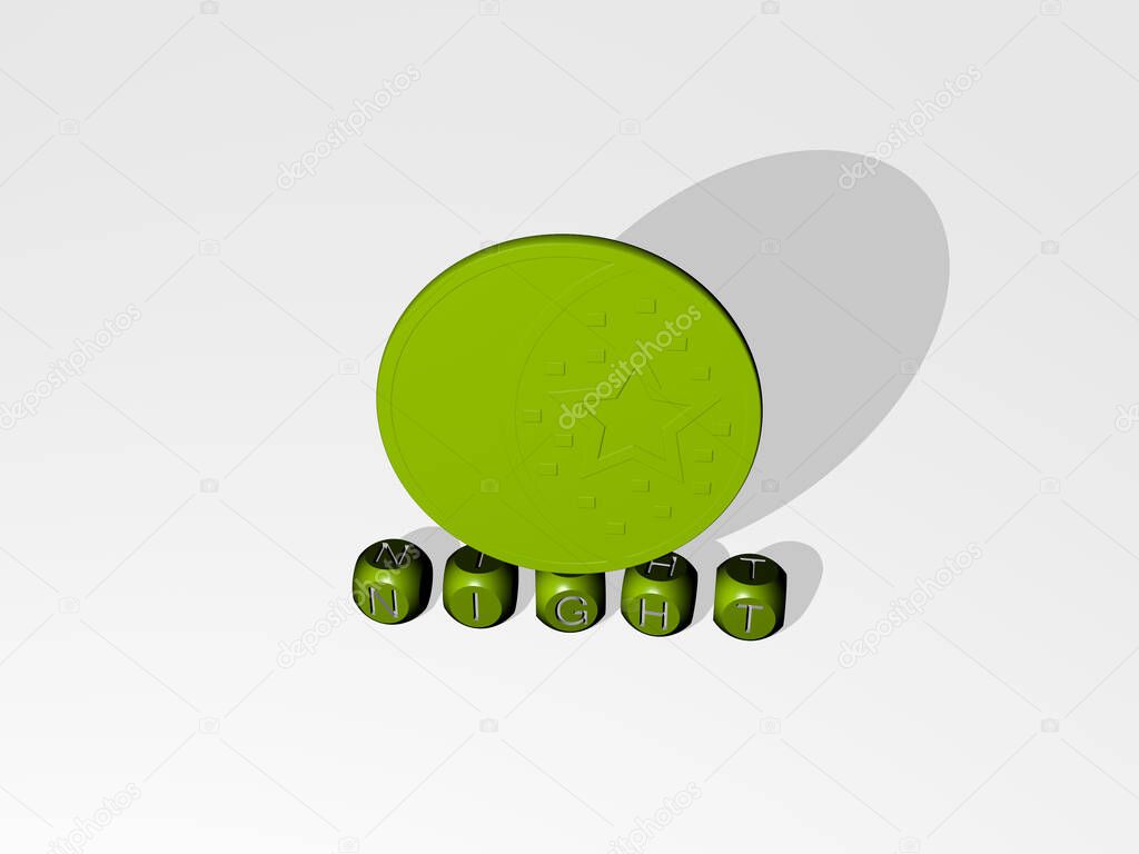 3D representation of night with icon on the wall and text arranged by metallic cubic letters on a mirror floor for concept meaning and slideshow presentation. background and city