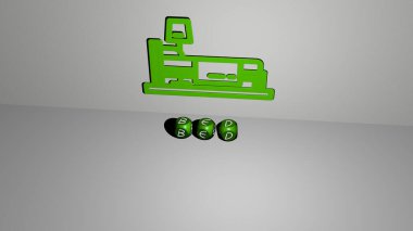 BED 'in dikey olarak 3D grafiksel görüntüsü, üst perspektiften metalik kübik harflerle oluşturulan metinlerle birlikte, konsept sunumu ve slayt gösterileri için mükemmel. Yatak odası ve güzel