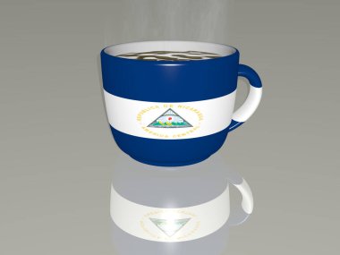 Nikaragua bir fincan sıcak kahvenin üzerine yerleştirilmiş. 3 boyutlu bir resimde yansıtılmış. Gerçekçi perspektif ve gölgeler.