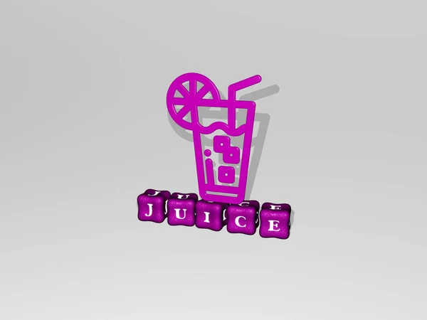 3D graphical image of JUICE vertically along with text built by metallic cubic letters from the top perspective, excellent for the concept presentation and slideshows. background and illustration