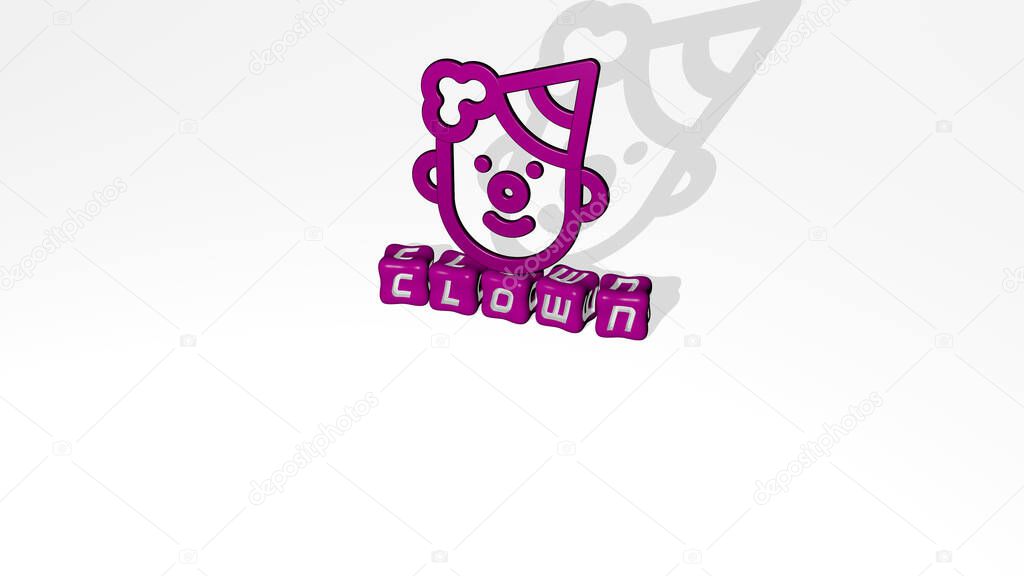 3D representation of CLOWN with icon on the wall and text arranged by metallic cubic letters on a mirror floor for concept meaning and slideshow presentation. illustration and cartoon