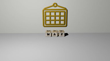 Duvarında simge ve ayna zemininde metalik kübik harflerle konsept ve slayt gösterisi sunumu için düzenlenmiş üç boyutlu harita tasviri. Resim ve arkaplan
