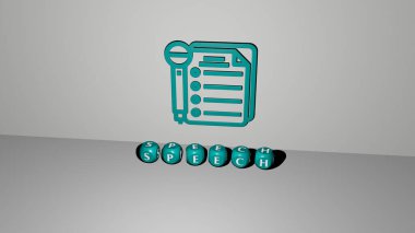 SPEECH 'in dikey olarak 3B grafiksel görüntüsü ve üst perspektiften metalik kübik harflerle oluşturulan metinler, konsept sunumu ve slayt gösterileri için mükemmel. illüstrasyon ve balon
