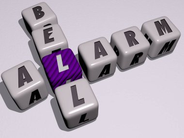 Üst perspektiften gelen kübik harflerle oluşturulan ALARM çanı kombinasyonu, konsept sunumu için mükemmel. saat ve resimleme