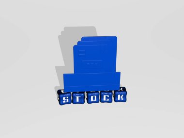 Duvarında simge olan hisse senetlerinin 3 boyutlu temsili ve kavram ve slayt gösterisi sunumu için ayna zemininde metalik kübik harflerle düzenlenmiş metin