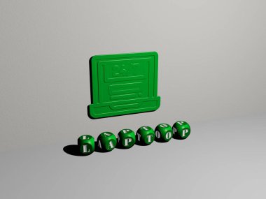 LAPTOP 'un dikey olarak üç boyutlu grafiksel görüntüsü ve üst perspektiften metalik kübik harflerle oluşturulan metinler, konsept sunumu ve slayt gösterileri için mükemmel. bilgisayar ve iş