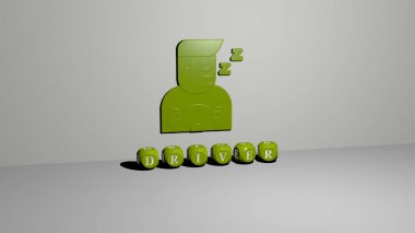 Duvarında ikon olan DRIVER 'ın 3 boyutlu temsili ve ayna zemininde konsept ve slayt gösterisi sunumu için metalik kübik harflerle düzenlenmiş metin. araba ve otomatik