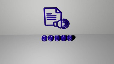 AUDIO 'nun dikey olarak 3D grafiksel görüntüsü ve üst perspektiften metalik kübik harflerle oluşturulan metinler, konsept sunumu ve slayt gösterileri için mükemmel. Resim ve arkaplan