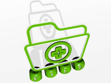 Konsept ve sunumların ilgili anlamları için metal zar harflerinin oluşturduğu dosya grafikleri ve metinlerin 3D çizimi. simge ve arkaplan