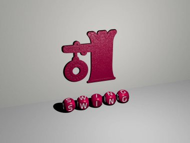 Duvarında simge ve ayna zemininde metalik kübik harflerle konsept ve slayt gösterisi sunumu için düzenlenmiş 3D salıncak tasviri. Güzel ve kız.