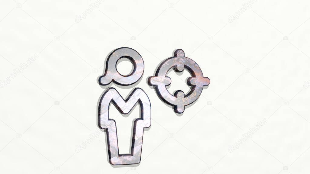 SINGLE WOMAN AIM made by 3D illustration of a shiny metallic sculpture on a wall with light background. icon and isolated