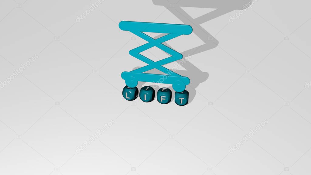 3D illustration of lift graphics and text made by metallic dice letters for the related meanings of the concept and presentations. background and ski