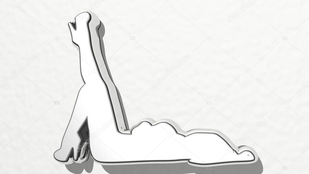 GIRL LYING WITH ONE LEG UP on the wall. 3D illustration of metallic sculpture over a white background with mild texture. beautiful and woman