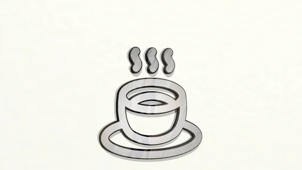 Coffee Cup Hot Parede Ilustração Escultura Metálica Sobre Fundo Branco — Fotografia de Stock