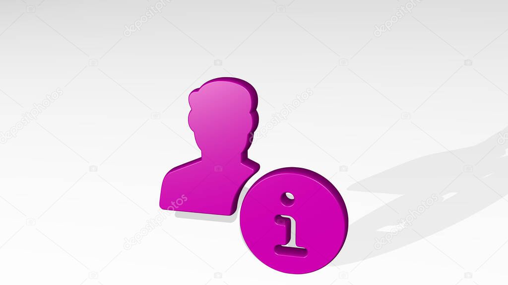 SINGLE MAN ACTIONS INFORMATION stand with shadow. 3D illustration of metallic sculpture over a white background with mild texture. icon and isolated