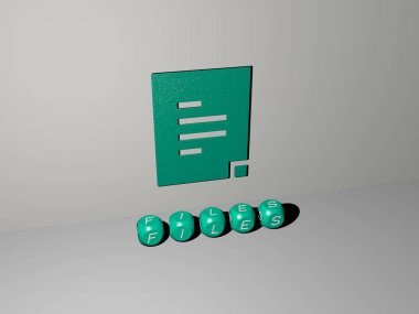 Duvarında simge olan dosyaların 3 boyutlu temsili ve kavram ve slayt gösterisi sunumu için ayna zemininde metalik kübik harflerle düzenlenmiş metin. resimleme ve iş