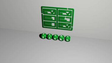 Konsept ve sunumların ilgili anlamları için metalik zar harfleri tarafından yapılan grafikler ve metinlerin üç boyutlu çizimi. iş ve arkaplan