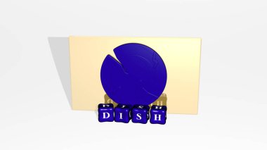3D illustration of DISH graphics and text made by metallic dice letters for the related meanings of the concept and presentations. food and background clipart