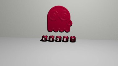 Duvarında ikon olan hayaletin 3 boyutlu temsili ve ayna zemininde kavram ve slayt gösterisi sunumu için metalik kübik harflerle düzenlenmiş metin. Cadılar Bayramı ve illüstrasyon