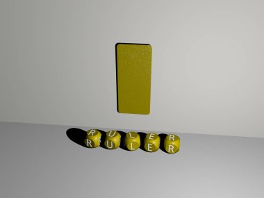Hükümdarın dikey olarak üç boyutlu grafiksel görüntüsü ve üst perspektiften metalik kübik harflerle oluşturulan metinler, konsept sunumu ve slayt gösterileri için mükemmel. Resim ve arkaplan