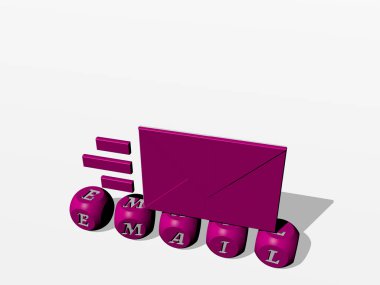 Konsept ve sunumların ilgili anlamları için metalik zar harfleri tarafından yazılan EMAIL grafikleri ve metnin 3D çizimi. iş ve simge